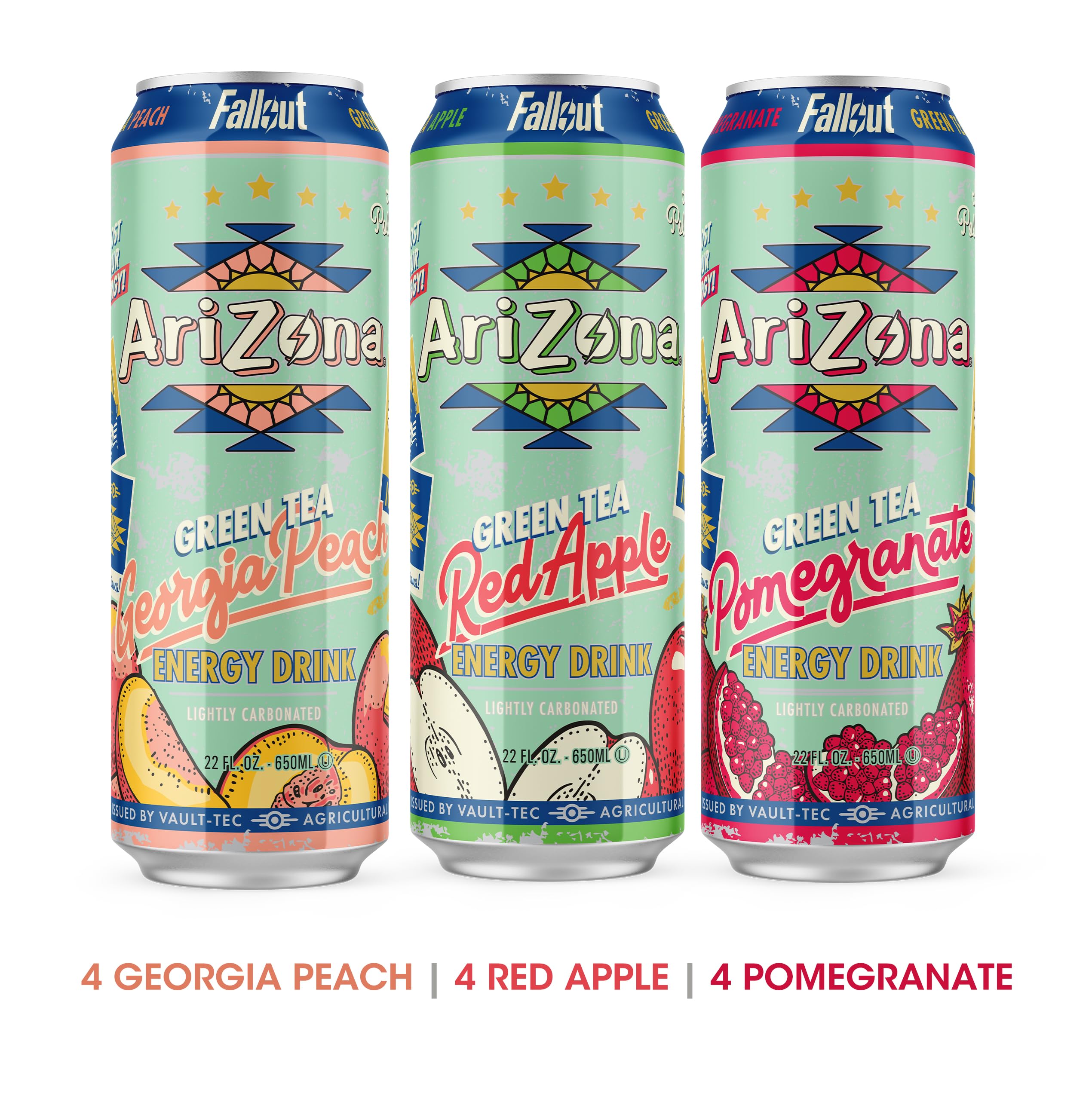 AriZona x Fallout Green Tea Energy Drink, 12pk 22 fl oz, Variety Pack - 3 Flavors - 234mg Natural Caffeine per Can