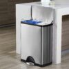 simplehuman Rectangular Dual Compartment Recycling Kitchen Step Trash Can, 46 Liter, Brushed Stainless Steel