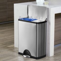 simplehuman Rectangular Dual Compartment Recycling Kitchen Step Trash Can, 46 Liter, Brushed Stainless Steel