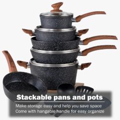 Kitchen Academy Induction Cookware Sets - 12 Piece Cooking Pan Set, Granite Black Nonstick Pots and Pans Set