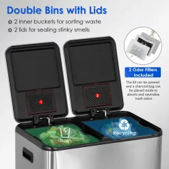 FDW 16 Gallon Stainless Steel Dual Compartment Step Kitchen Trash Can with Lids for Indoor(Silver)