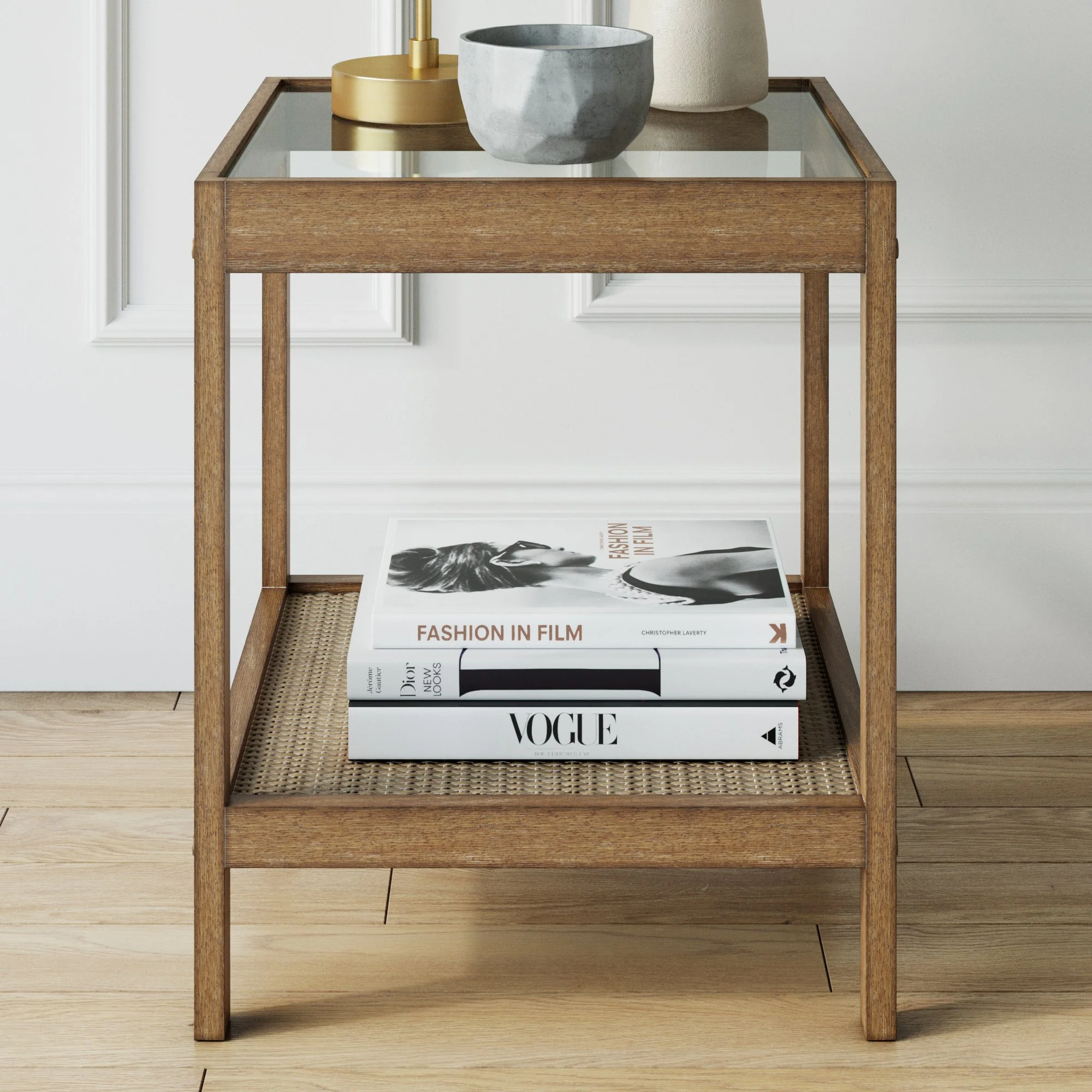 Nathan James Hayes Solid Wood Nightstand, Bedside, End/Side Table in Light Brown Wood Finish & Glass Top with Open Storage Shelf