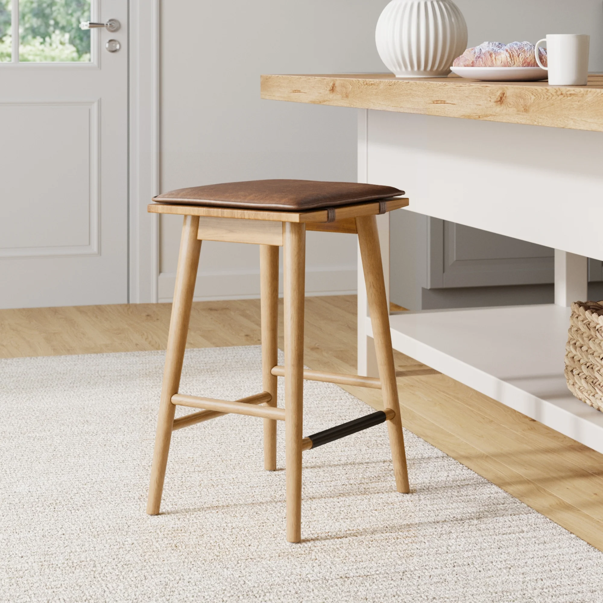 Nathan James Barker 24" Counter Height Backless Wood Barstool with Leather Removable Cushion for Kitchen, Chestnut Brown
