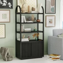 Beautiful Fluted 3-Shelf Bookcase with Storage Cabinet by Drew Barrymore, Rich Black Finish