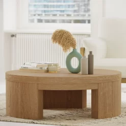 Beautiful Mod Round Coffee Table by Drew Barrymore, Warm Honey Finish