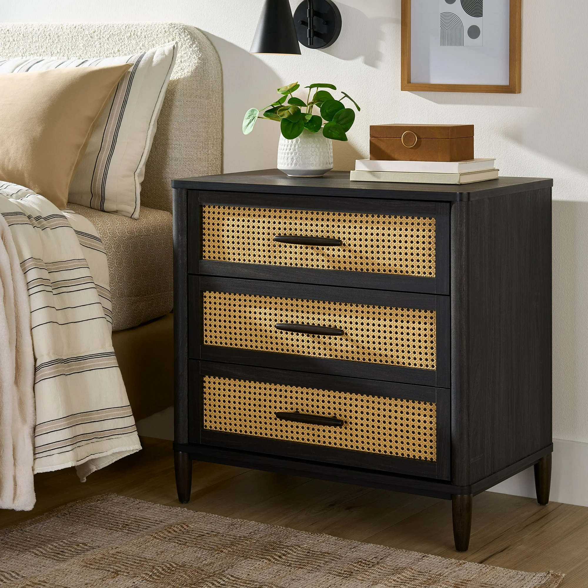 Better Homes & Gardens Springwood Caning 3-Drawer Nightstand with USB, Charcoal finish