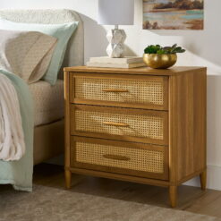 Better Homes & Gardens Springwood Caning 3-Drawer Nightstand with USB, Light Honey finish