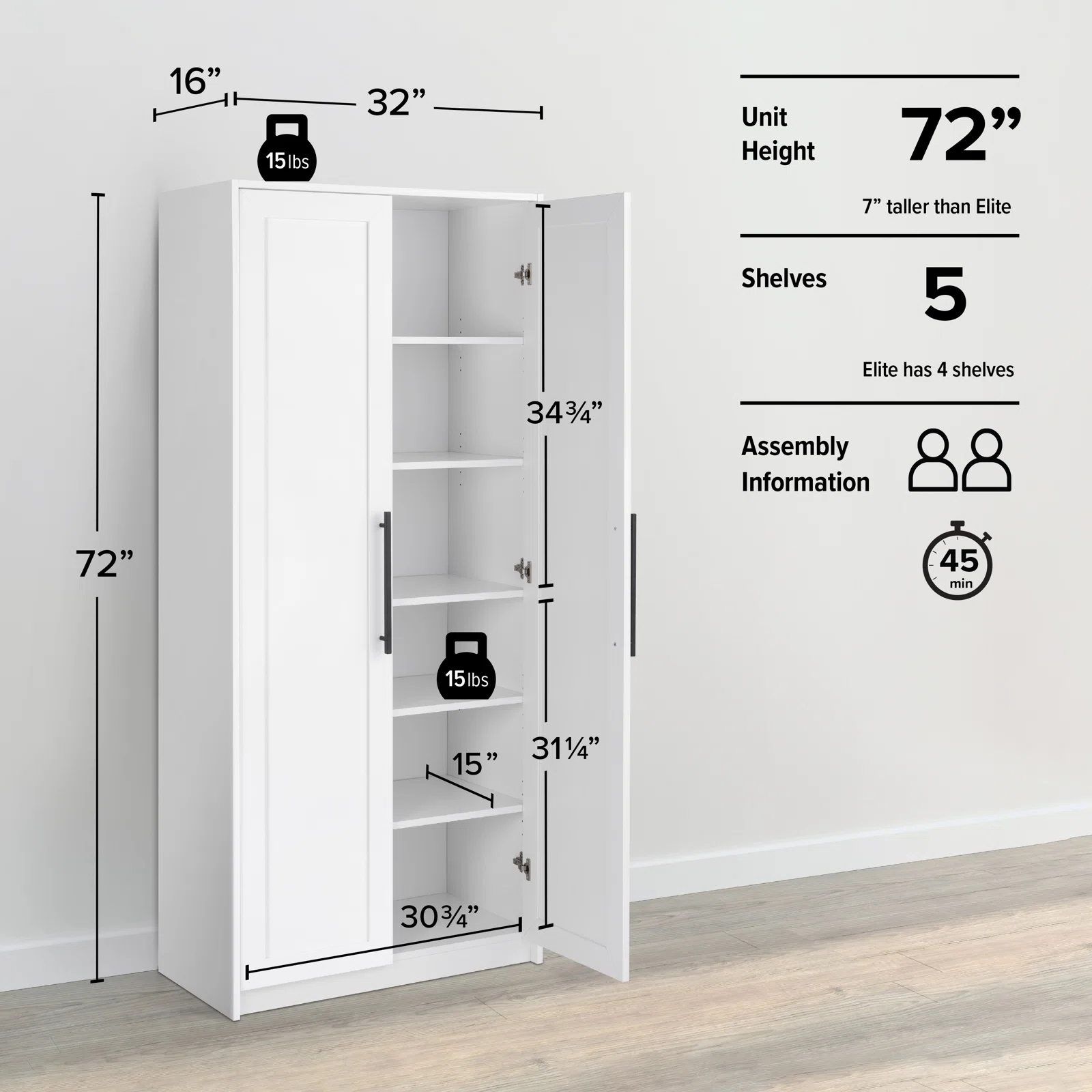 Prapac Elite Premium Home Storage Cabinet with Panel Doors 16" D x 32" W x 72" H, White