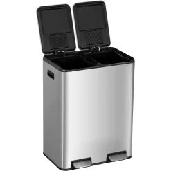 FDW 16 Gallon Stainless Steel Dual Compartment Step Kitchen Trash Can with Lids for Indoor(Silver)