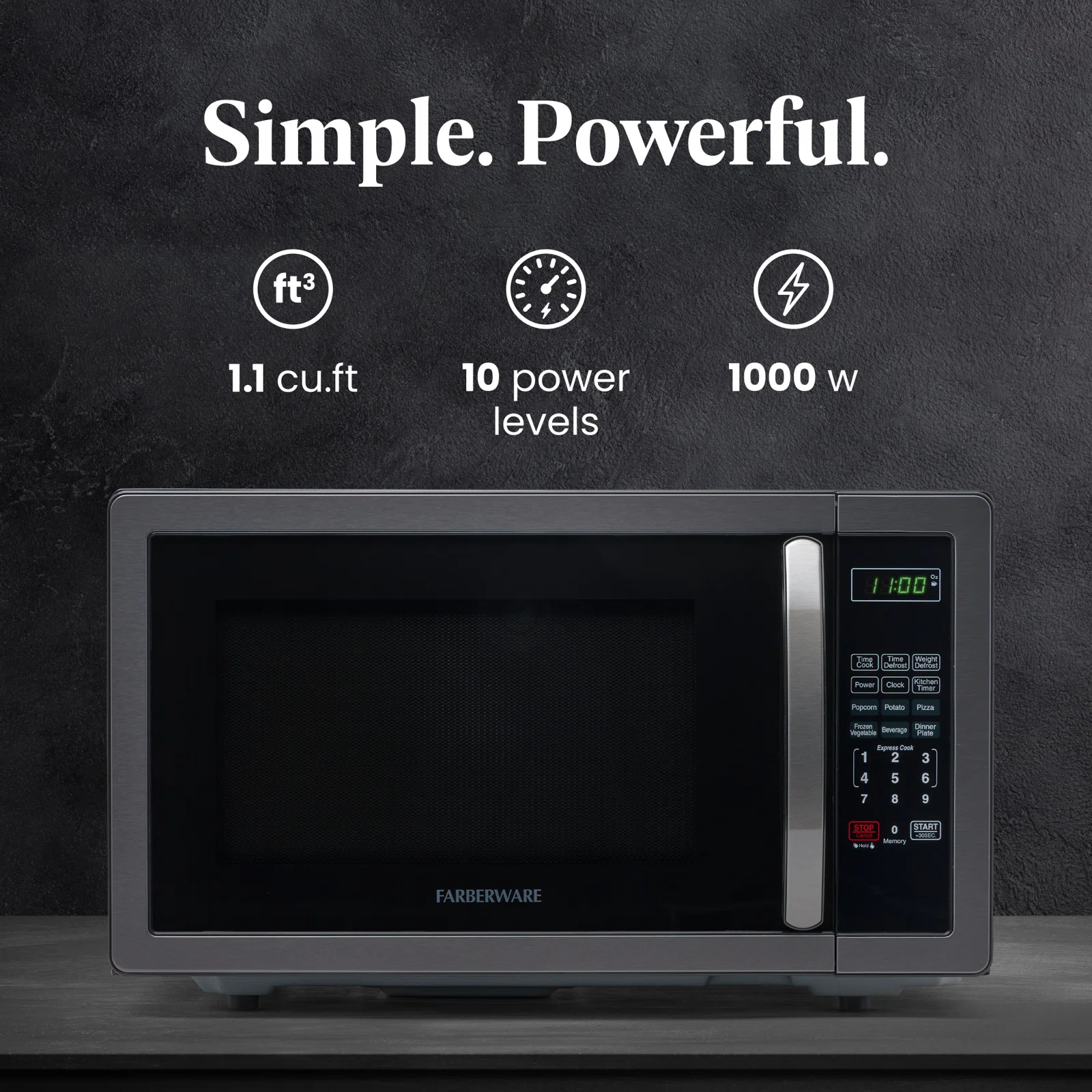 Farberware Classic Countertop Microwave Oven, 1.1 Cubic Feet cu. ft., 1000 watts, with Child Lock - Black Stainless Steel