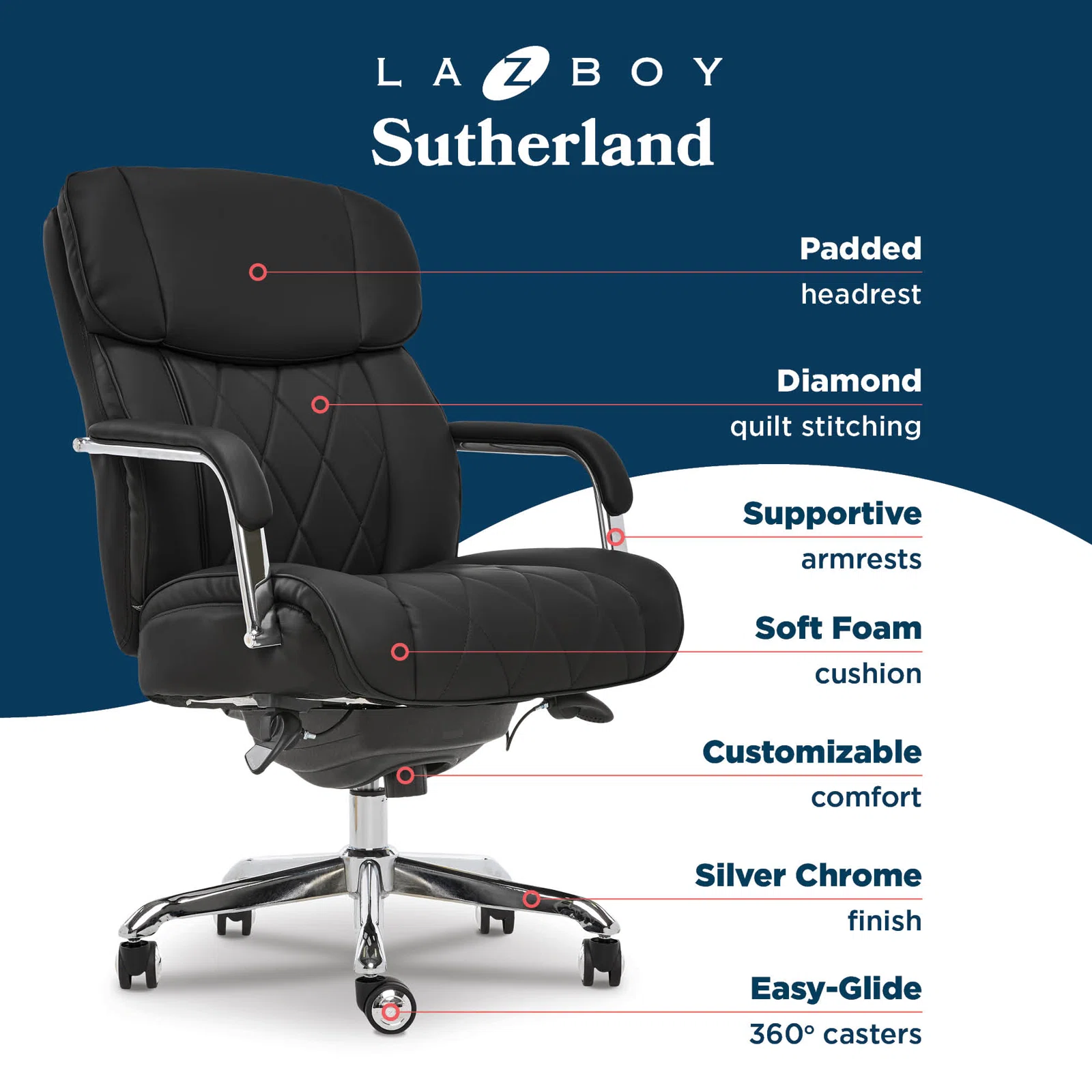 La-Z-Boy Sutherland Quilted Executive Office Chair with Padded Arms, Black