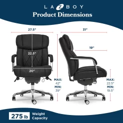 La-Z-Boy Sutherland Quilted Executive Office Chair with Padded Arms, Black