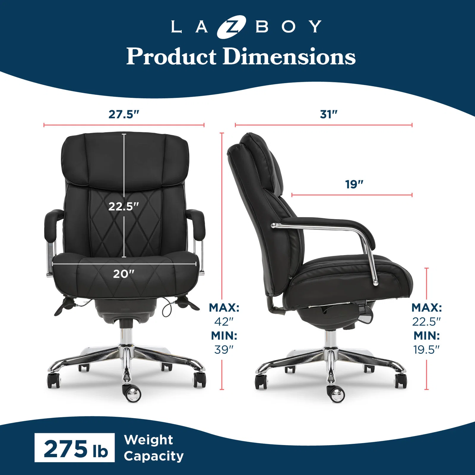La-Z-Boy Sutherland Quilted Executive Office Chair with Padded Arms, Black