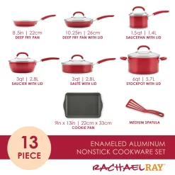 Rachael Ray Create Delicious Aluminum Nonstick Cookware Induction Cookware Set, 13-Piece, Red Shimmer