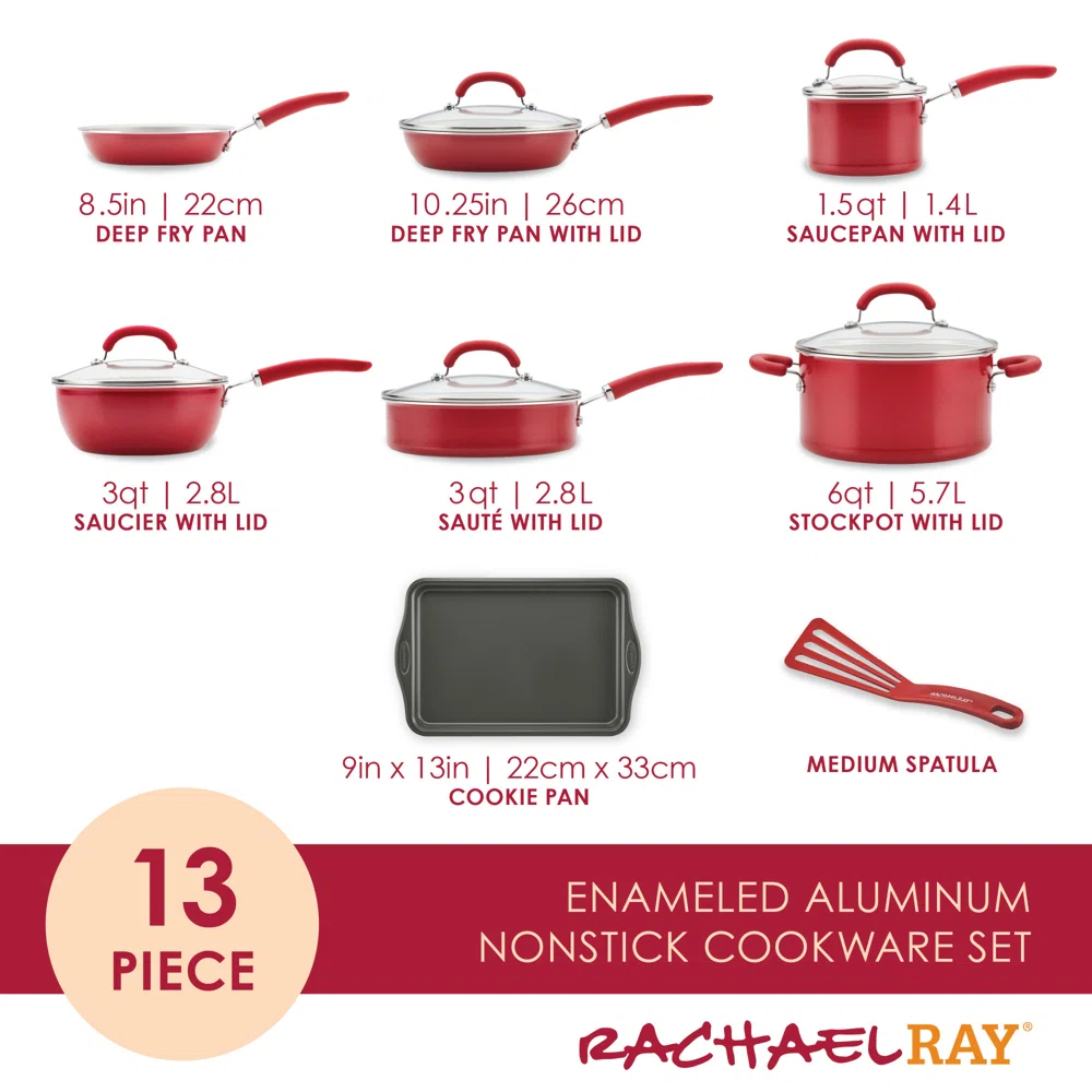 Rachael Ray Create Delicious Aluminum Nonstick Cookware Induction Cookware Set, 13-Piece, Red Shimmer