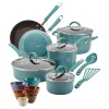 Rachael Ray Cucina Hard Enamel Nonstick Cookware and Measuring Cup Set, 18-Piece, Agave Blue