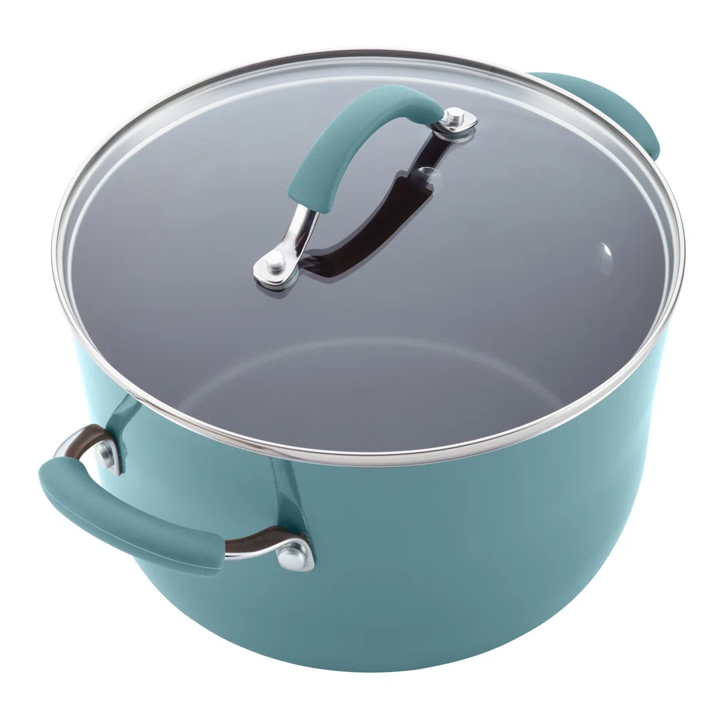 Rachael Ray Cucina Hard Enamel Nonstick Cookware and Measuring Cup Set, 18-Piece, Agave Blue