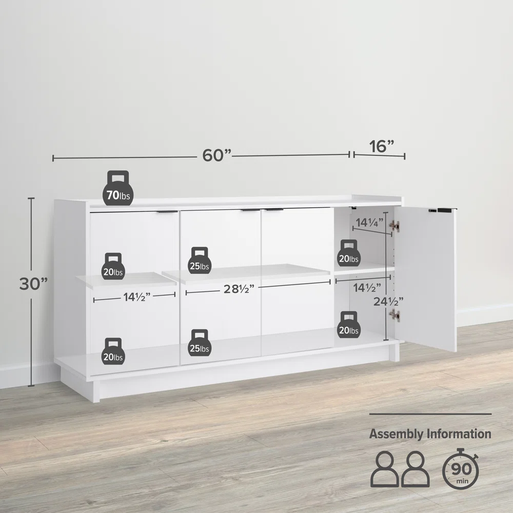 Prepac Finnley Sideboard Cabinet Buffet Cabinet, White