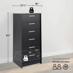 Prepac Studio Essentials 21.5'' W 6 - Drawer Dresser, Black