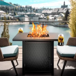 Myfurnideal 28 Inch Propane Fire Pits with Lid and Lava Rock, 50000 BTU Steel Gas Fire Pit Table for Outdoor