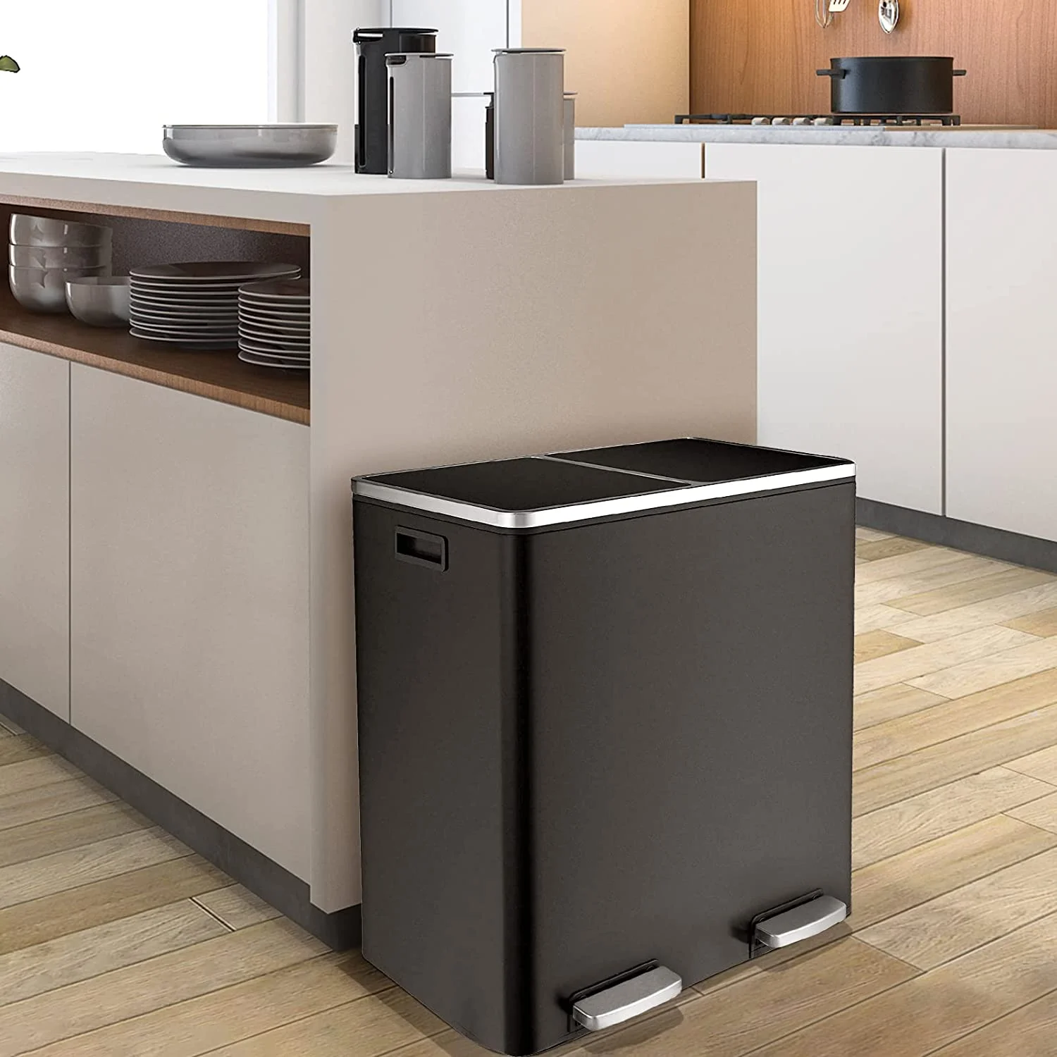Pirecart 16 Gallon Trash Can 8 Gallon Dual Compartment Step on Kitchen Garbage Can Stainless Steel