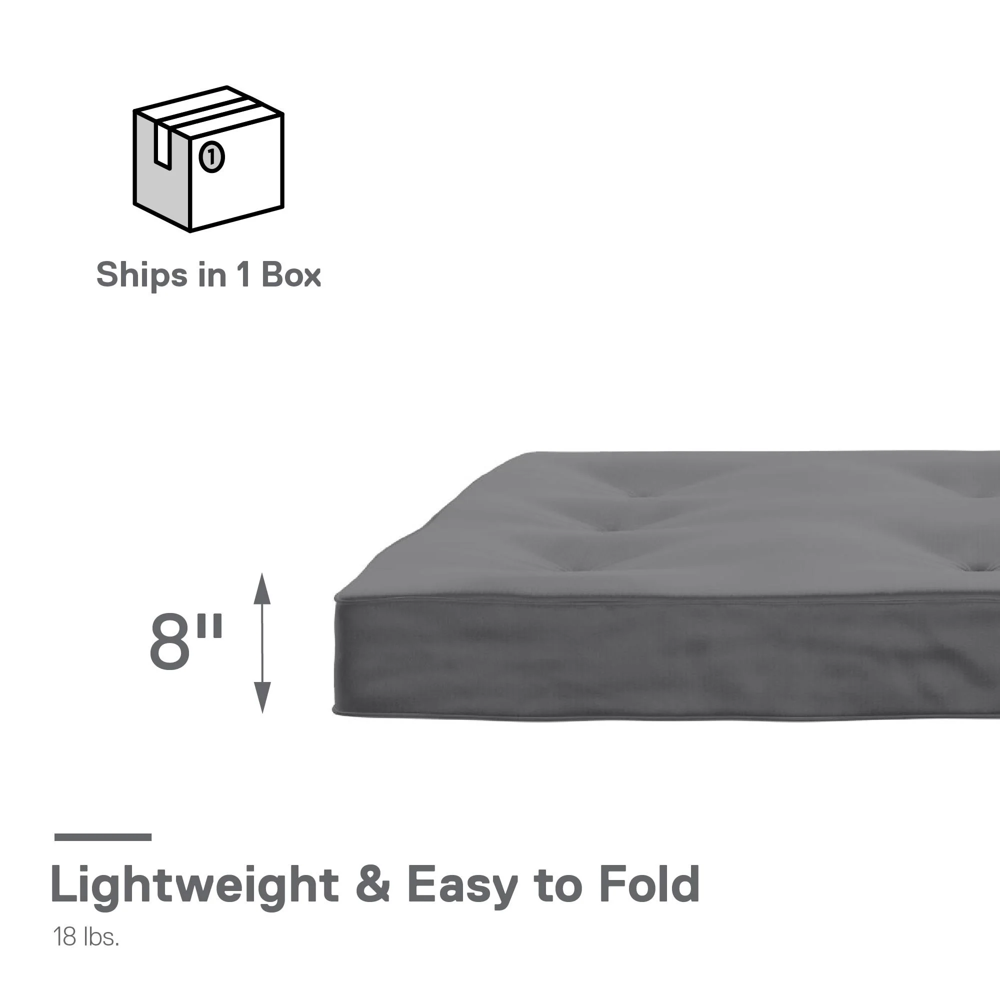 DHP Caden 8 Inch Futon Mattress with Tufted Cover and Recycled Polyester Fill, Full Size, Gray