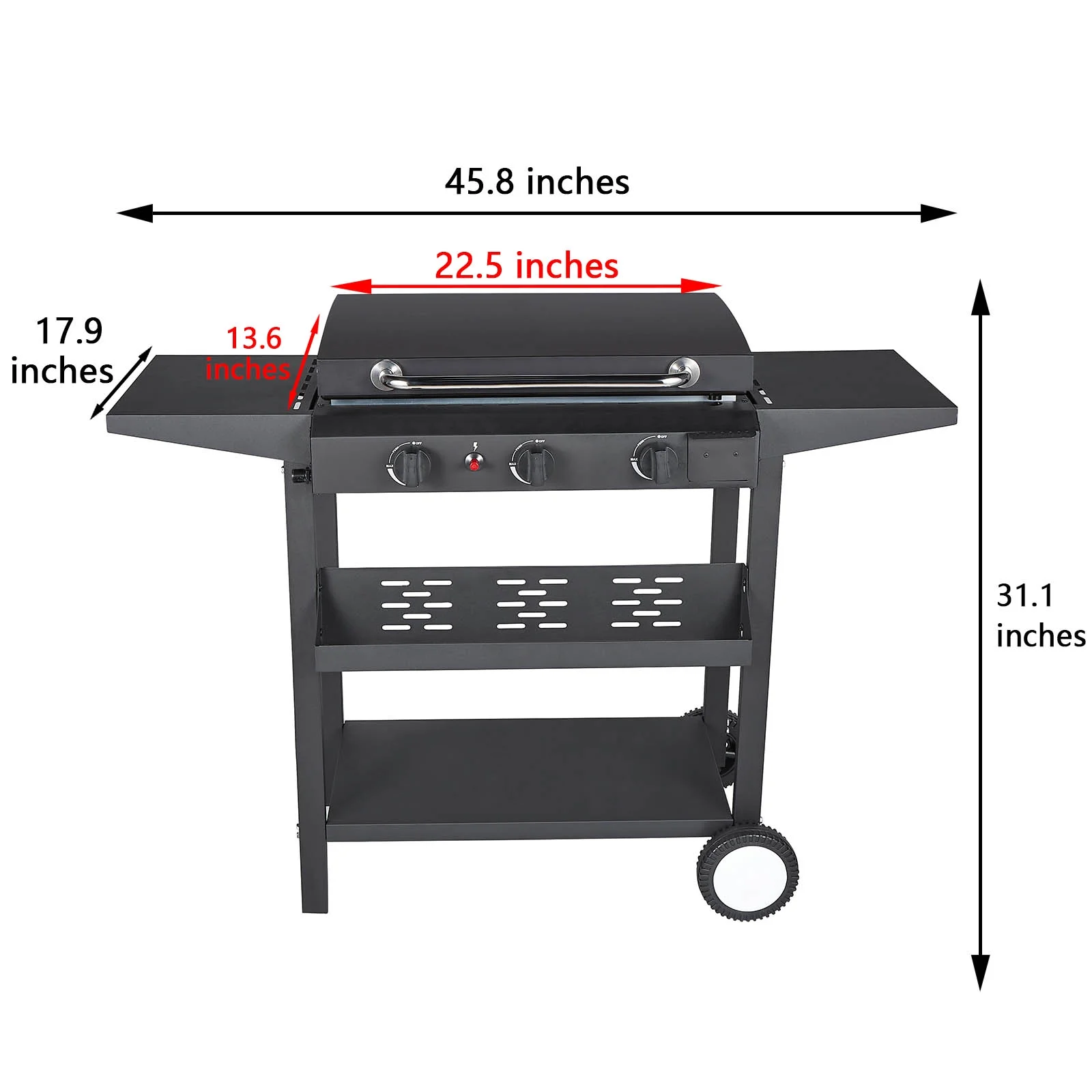 HONGGE 3-Burner Propane Flat Top Gas Grill Griddle, for BBQ, Camping