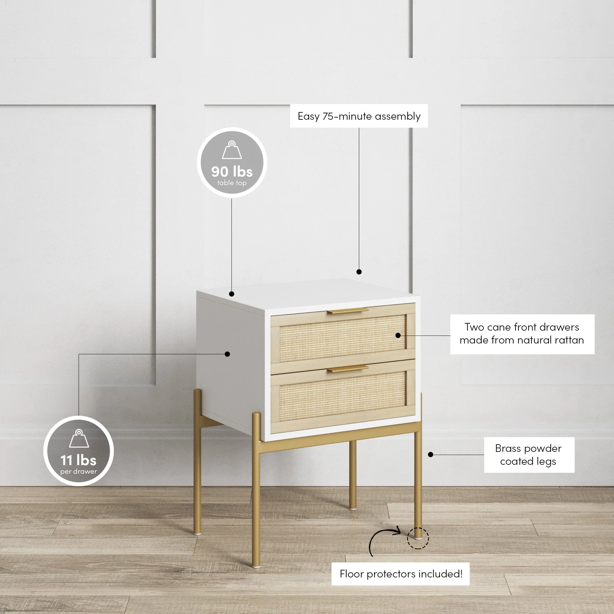 Nathan James Andrew Side Table with 2 Drawers, White/Gold