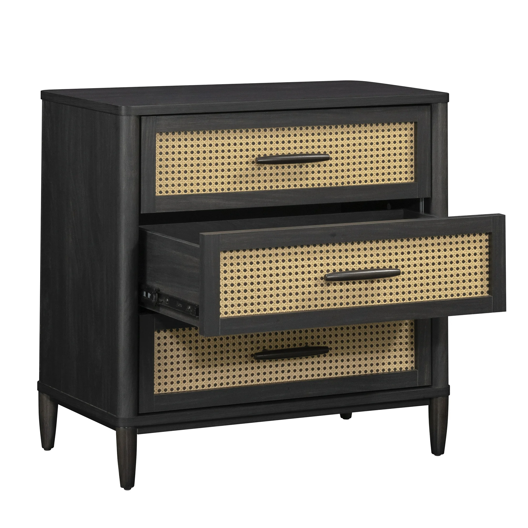 Better Homes & Gardens Springwood Caning 3-Drawer Nightstand with USB, Charcoal finish