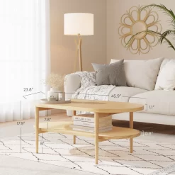 Nathan James Sonia Bohemian 2-Tier Oval Cane Coffee Table in Light Wood With Rattan Storage Shelf