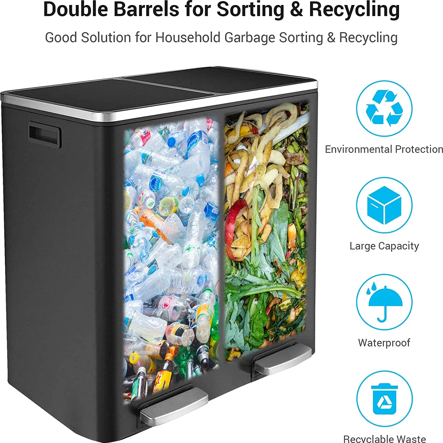 Pirecart 16 Gallon Trash Can 8 Gallon Dual Compartment Step on Kitchen Garbage Can Stainless Steel