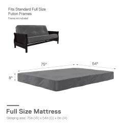 DHP Caden 8 Inch Futon Mattress with Tufted Cover and Recycled Polyester Fill, Full Size, Gray