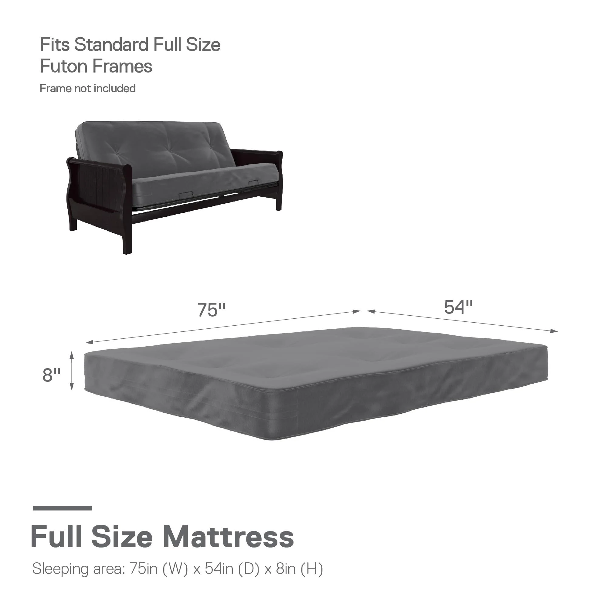 DHP Caden 8 Inch Futon Mattress with Tufted Cover and Recycled Polyester Fill, Full Size, Gray