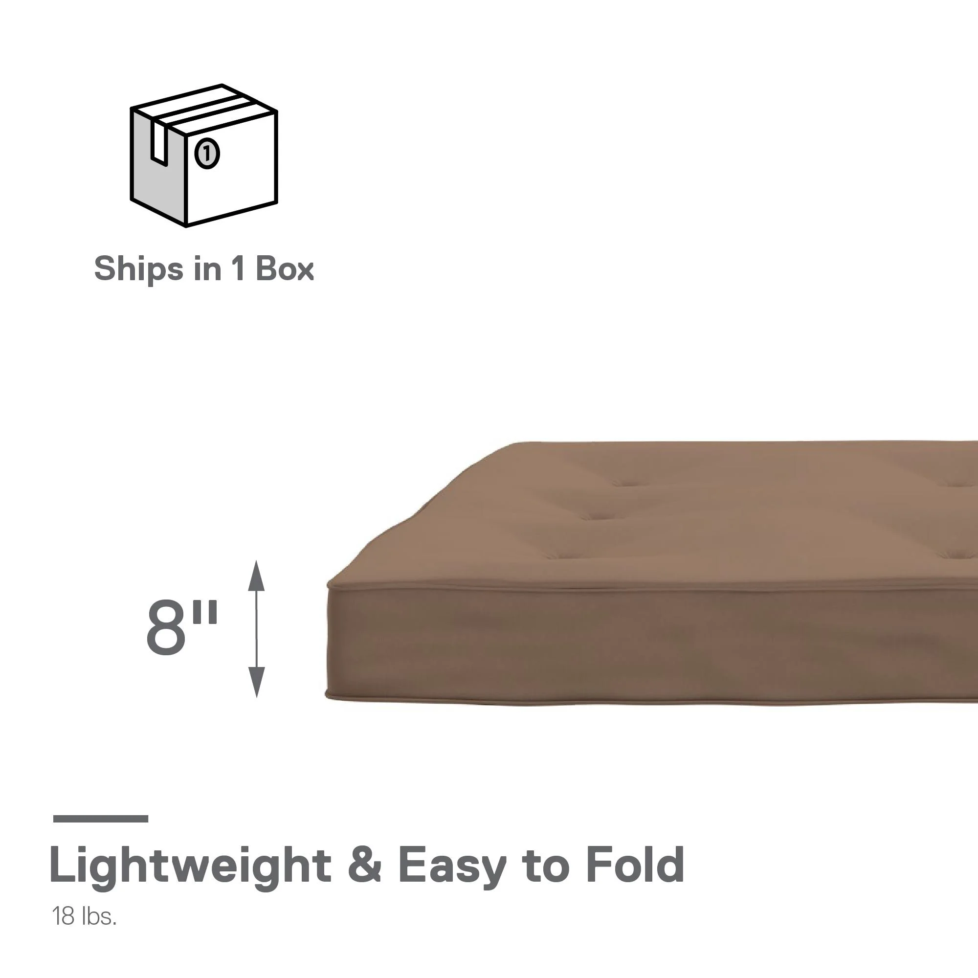 DHP Caden 8 Inch Futon Mattress with Tufted Cover and Recycled Polyester Fill, Full Size, Tan
