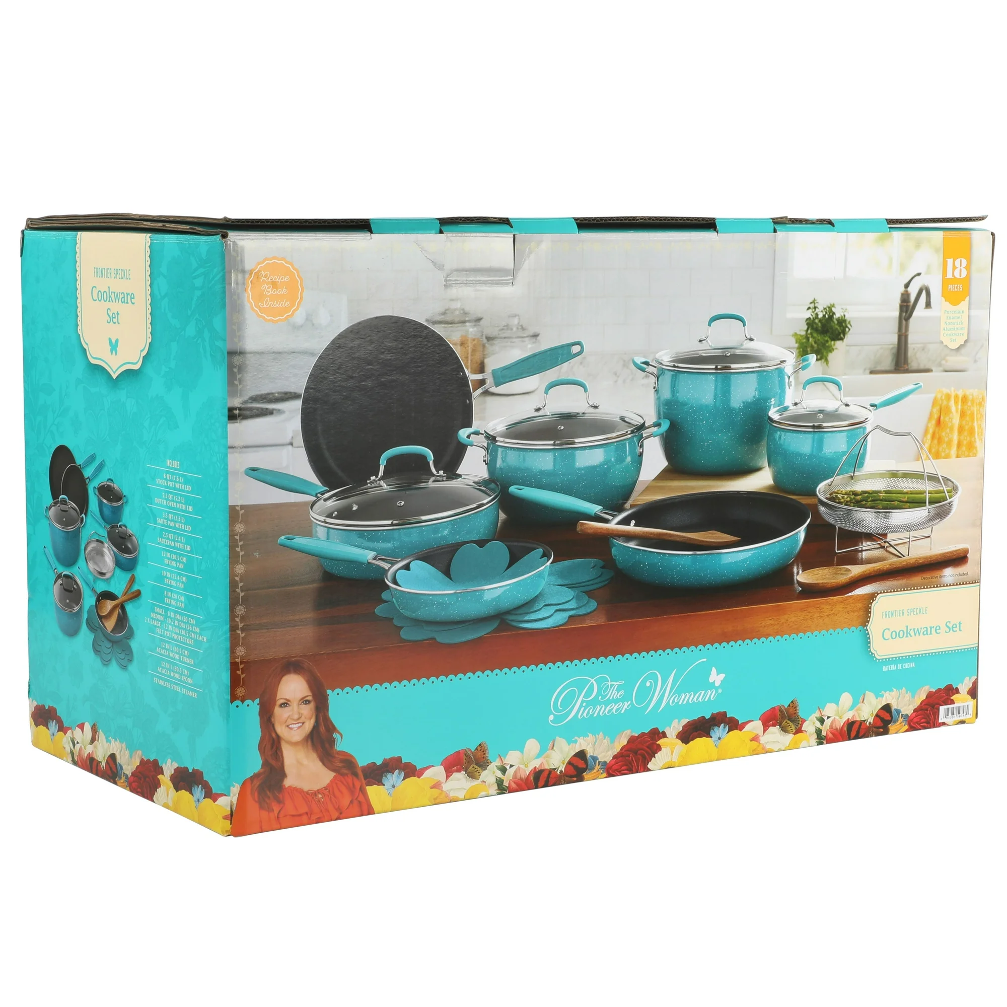 The Pioneer Woman Frontier Speckle 18-Piece Aluminum Cookware Set, Teal