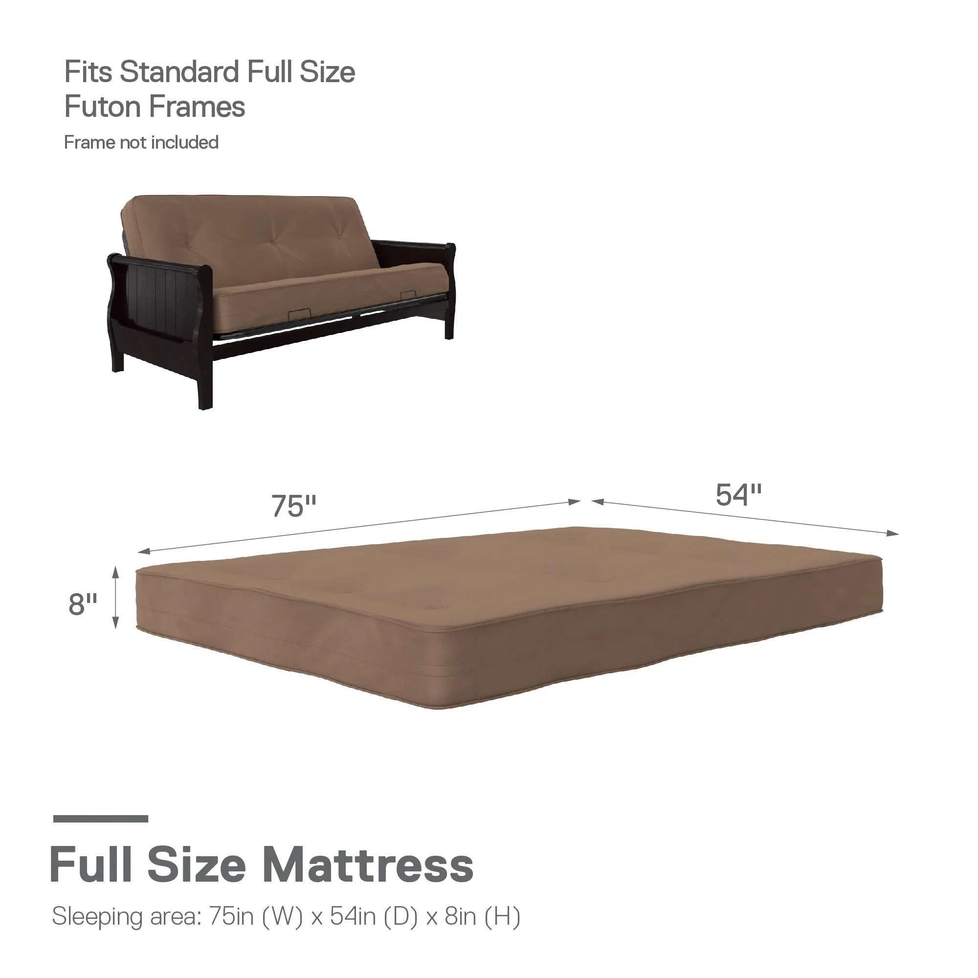 DHP Caden 8 Inch Futon Mattress with Tufted Cover and Recycled Polyester Fill, Full Size, Tan