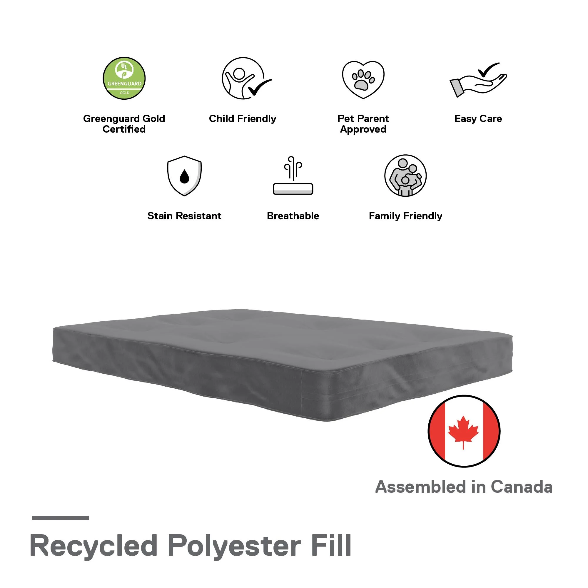 DHP Caden 8 Inch Futon Mattress with Tufted Cover and Recycled Polyester Fill, Full Size, Gray