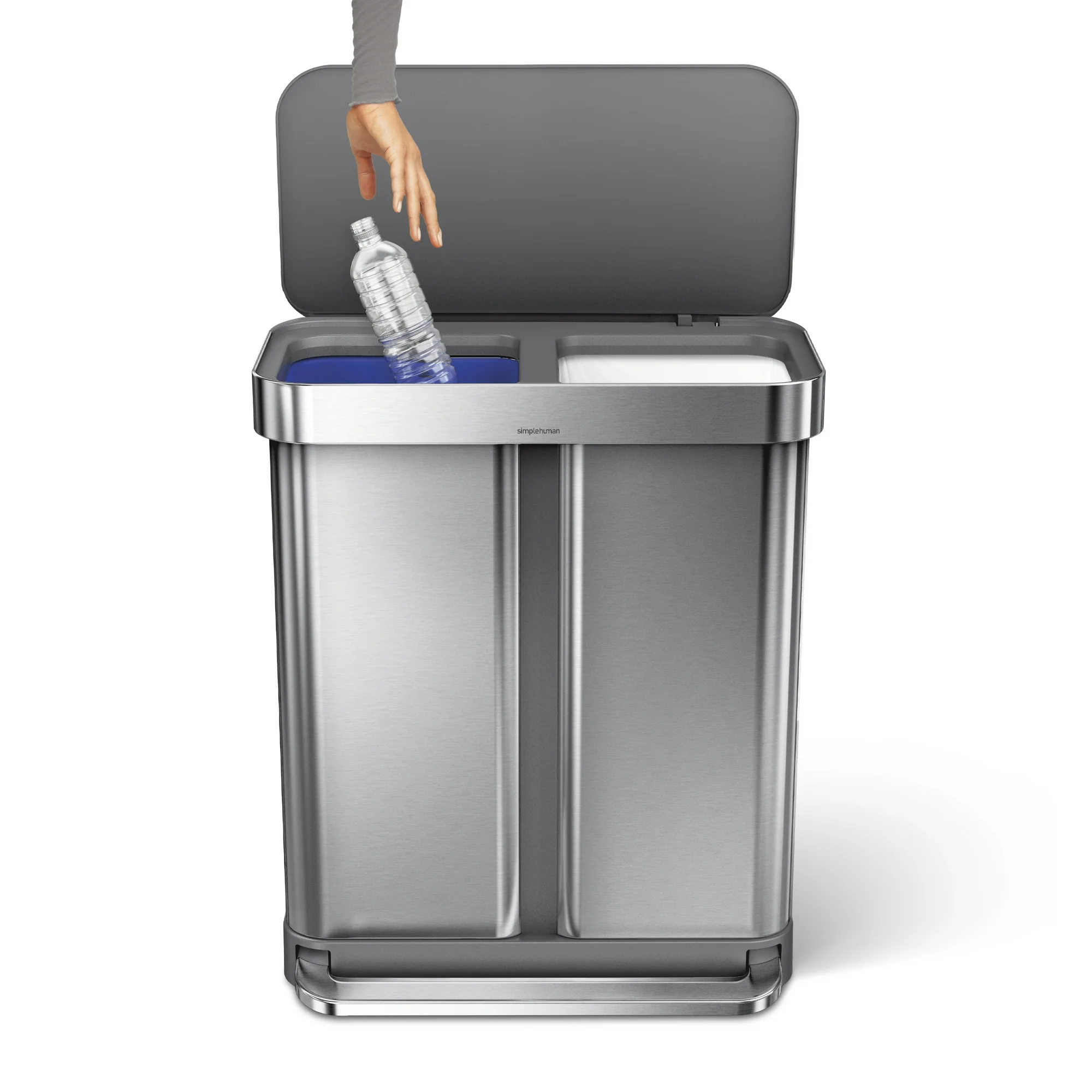 simplehuman 58 Liter / 15.3 Gallon Rectangular Dual Compartment Recycling Step, Brushed Stainless Steel