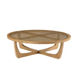 Beautiful by Drew Barrymore Round Rattan & Glass Top Coffee Table with Solid Wood Frame, Warm Honey Finish