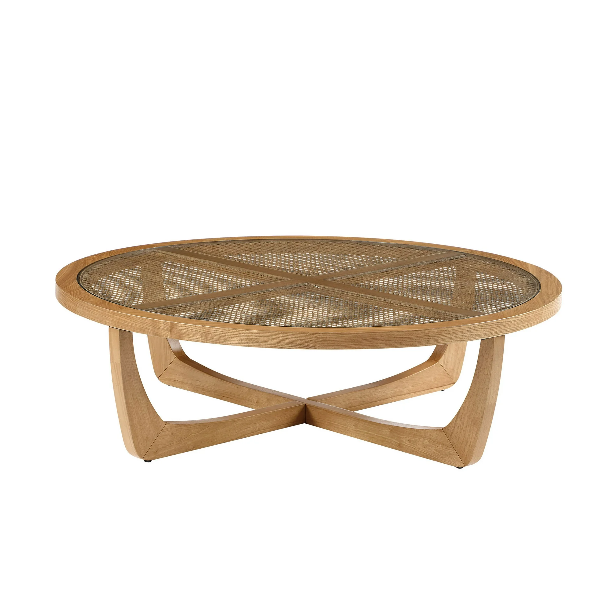 Beautiful by Drew Barrymore Round Rattan & Glass Top Coffee Table with Solid Wood Frame, Warm Honey Finish