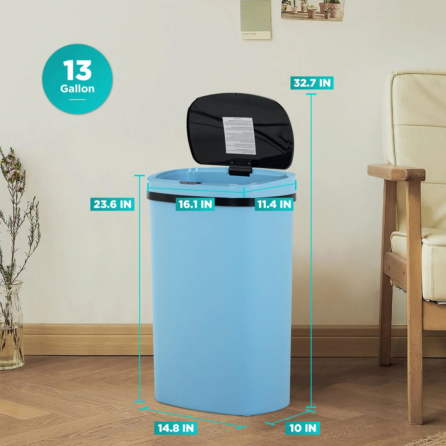 BestOffice 13 Gallon Plastic Touchless Trash Can with Motion Sensor for Indoor Use, 2 Pack(Blue)