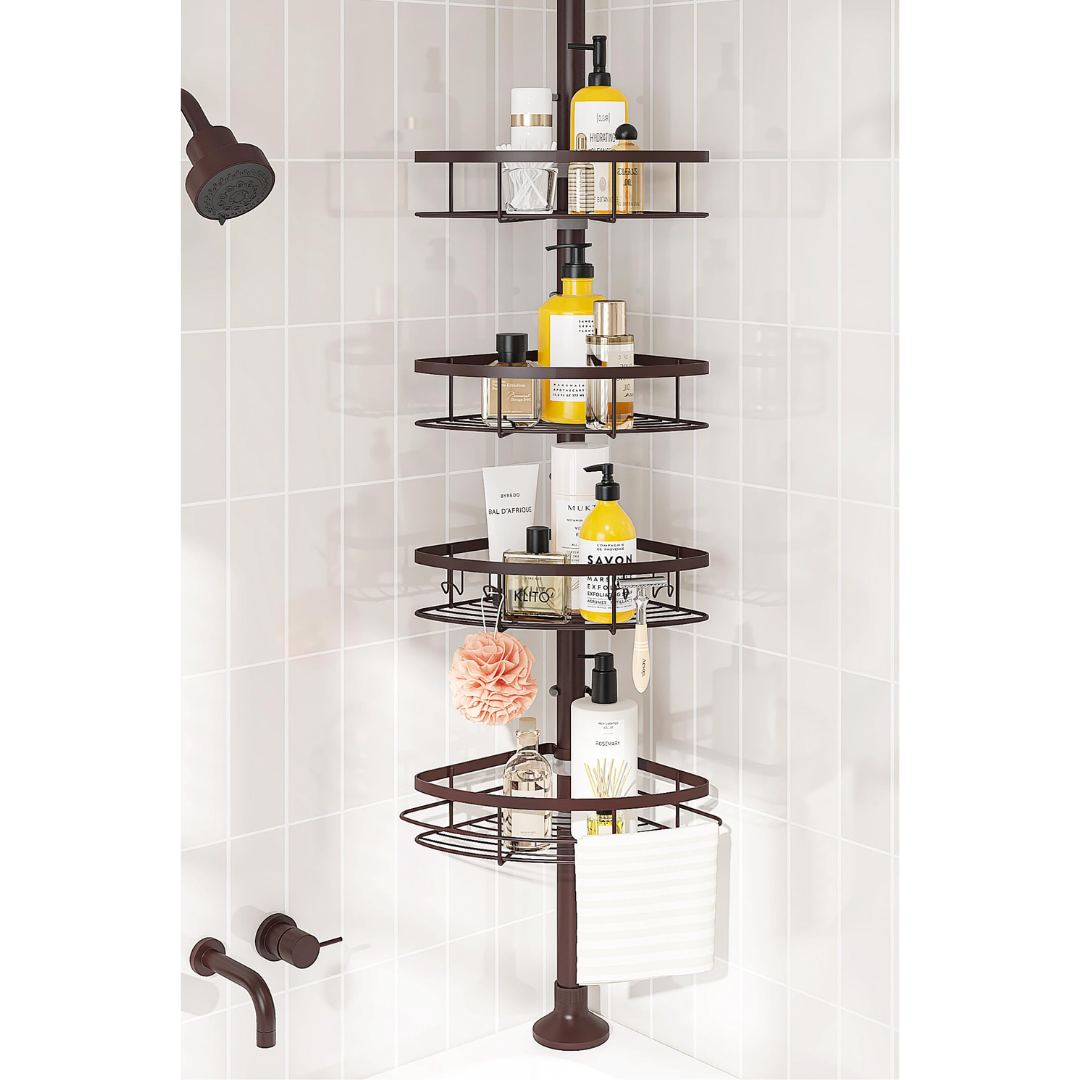 SEIRIONE Rustproof Shower Corner Caddy Organizer for Bathroom,Tension Pole with 4 Baskets,39.2 to 113 Inch Height, Bronze