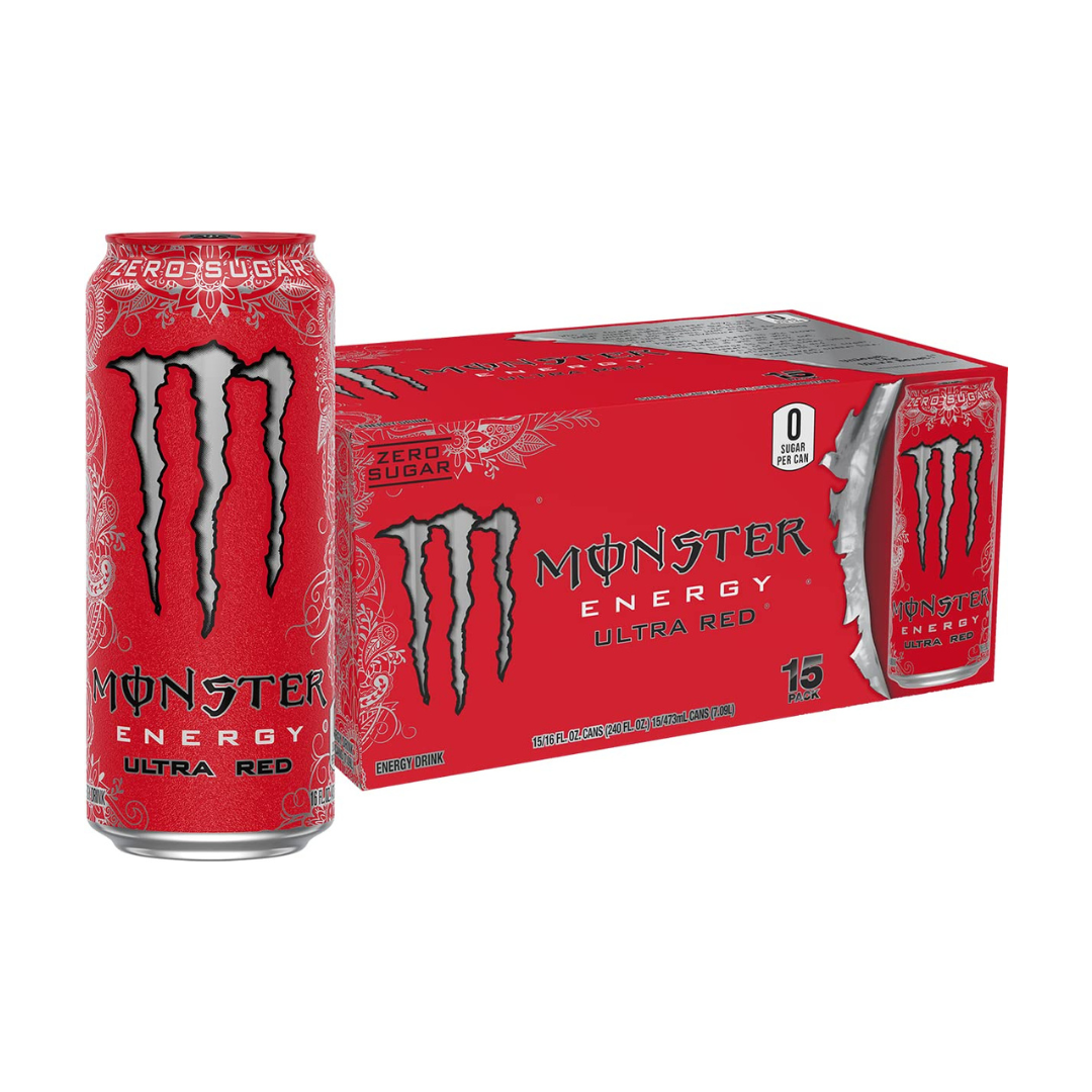 Monster Energy Ultra Red, Sugar Free Energy Drink, 16 Ounce (Pack of 15)