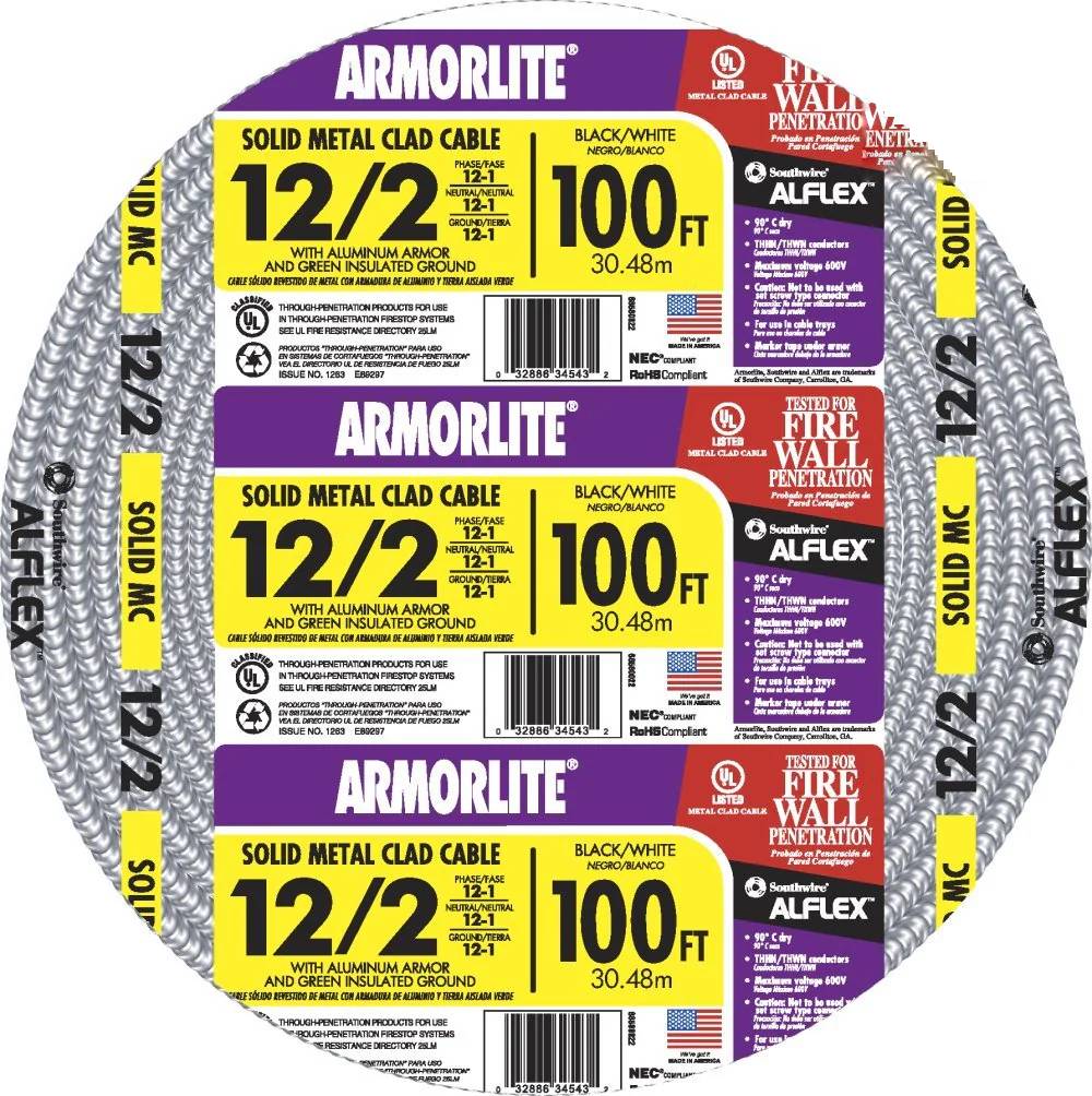 Southwire Armorlite 100-Feet 12 / 2 Solid Aluminum MC (Metal Clad) Cable