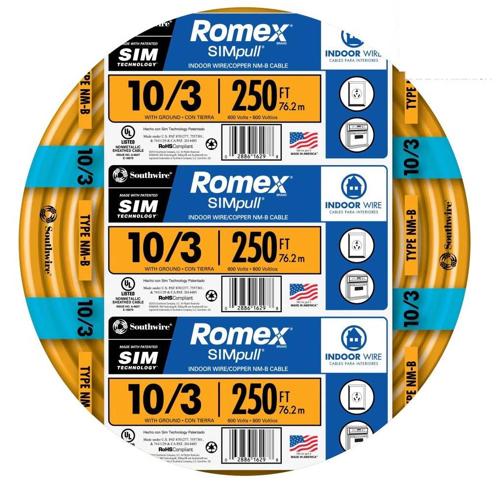 Southwire 250-Feet 10 / 3 / Romex SIMpull Solid Indoor CU NM-B W/G Individual pack ( By-the-roll )