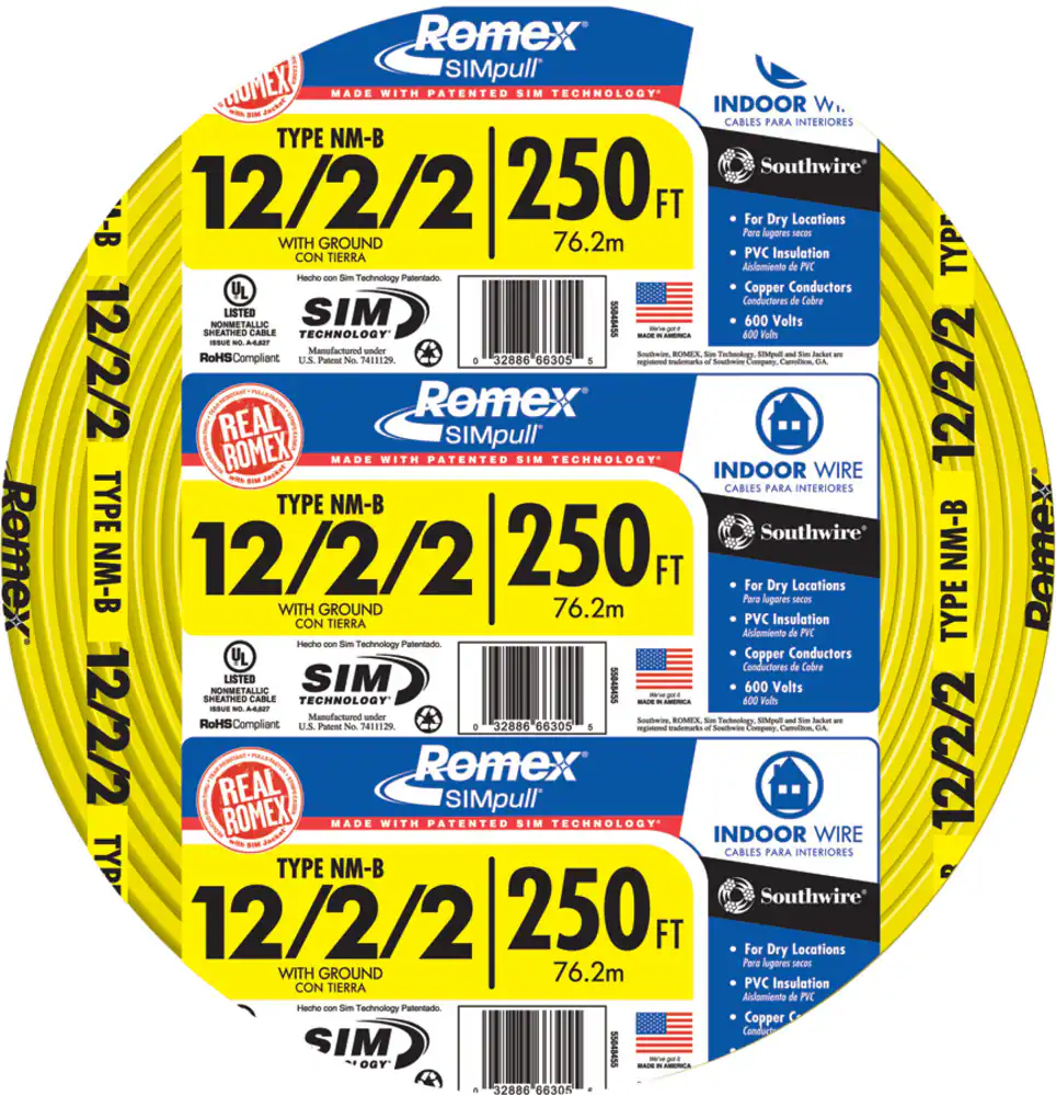 Southwire 250-Feet 12 / 2 / 2 Romex SIMpull Solid Indoor CU NM-B W/G Individual pack ( By-the-roll)