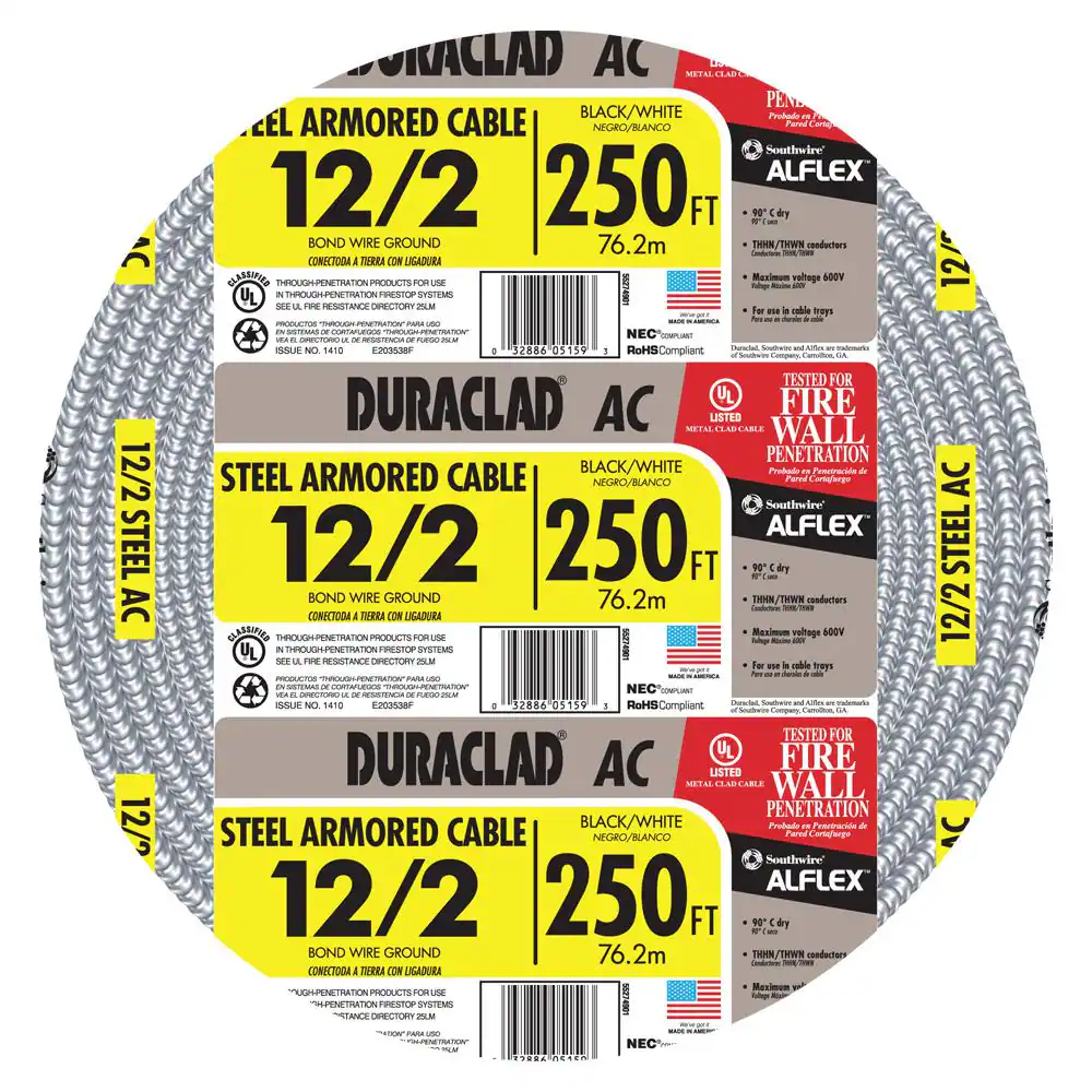 Southwire Duraclad 250-Feet 12 / 2 Solid Steel BX/AC Armored Cable