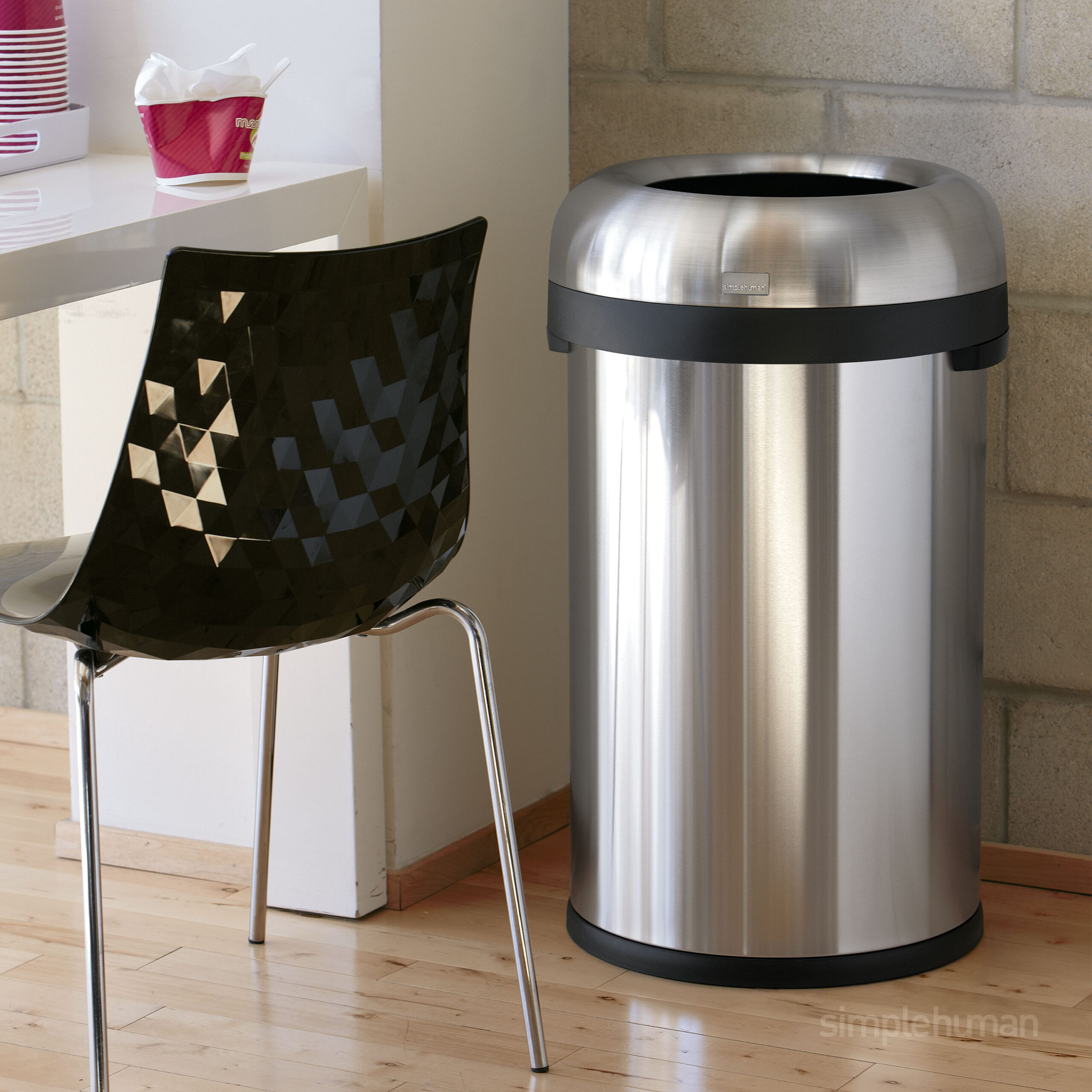 Simplehuman Bullet Open Top Can, 80-Liter Brushed Stainless Steel Commercial Indoor/Outdoor Kitchen Lidless Trash Can