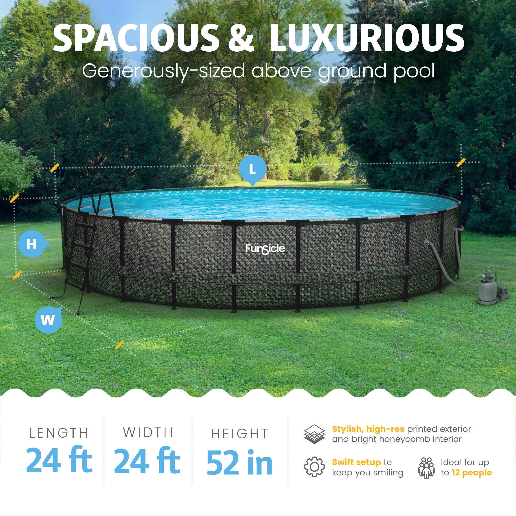 Funsicle 24-ft x 24-ft x 52-in Metal frame Round Above-Ground Pool with Filter Pump with Ground Cloth with Pool Cover with Ladder