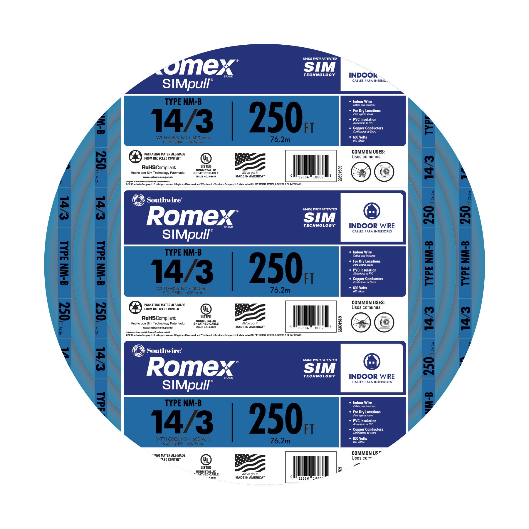Southwire 250-Feet 14 / 3 / Romex SIMpull Solid Indoor CU NM-B W/G Individual pack ( By-the-roll )